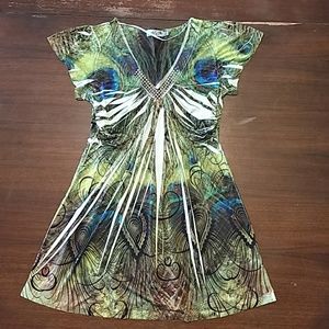 Peacock Feather V-Neck Tunic/Blouse